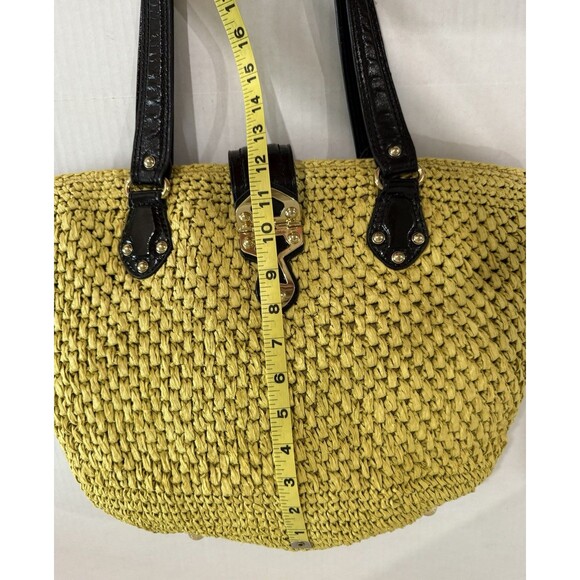 Michael Kors Womens Santorini Tote Bag Yellow Black Straw Patent Leather Woven - Picture 9 of 16